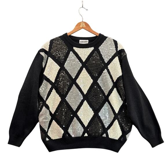 Alfred Dunner Vintage Sequin Black White Geometric Pattern Sweater Women 3XL - Picture 2 of 7